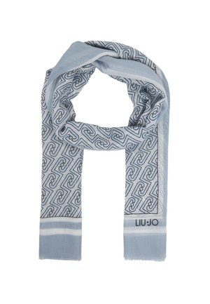 Sciarpa azzurro chiaro con motivo a spirale geometrica nera, bordi bianchi e logo "LIU·JO" su un'estremità, mostrata piegata a forma di anello.