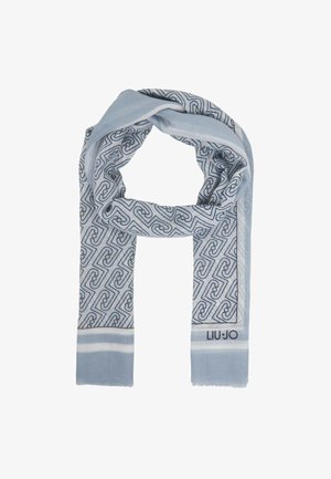 Sciarpa azzurro chiaro con motivo a spirale geometrica nera, bordi bianchi e logo "LIU·JO" su un'estremità, mostrata piegata a forma di anello.