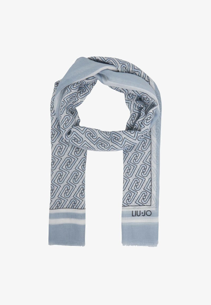 Eșarfă albastru deschis cu model geometric negru în spirale, margini albe și logo-ul "LIU·JO" la un capăt, prezentată pliată în formă de buclă.