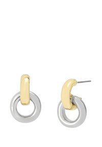 Boucles d'oreilles en métal doré et argenté présentant un design circulaire. La partie supérieure a un accent doré, tandis que la partie inférieure est un anneau en argent poli.