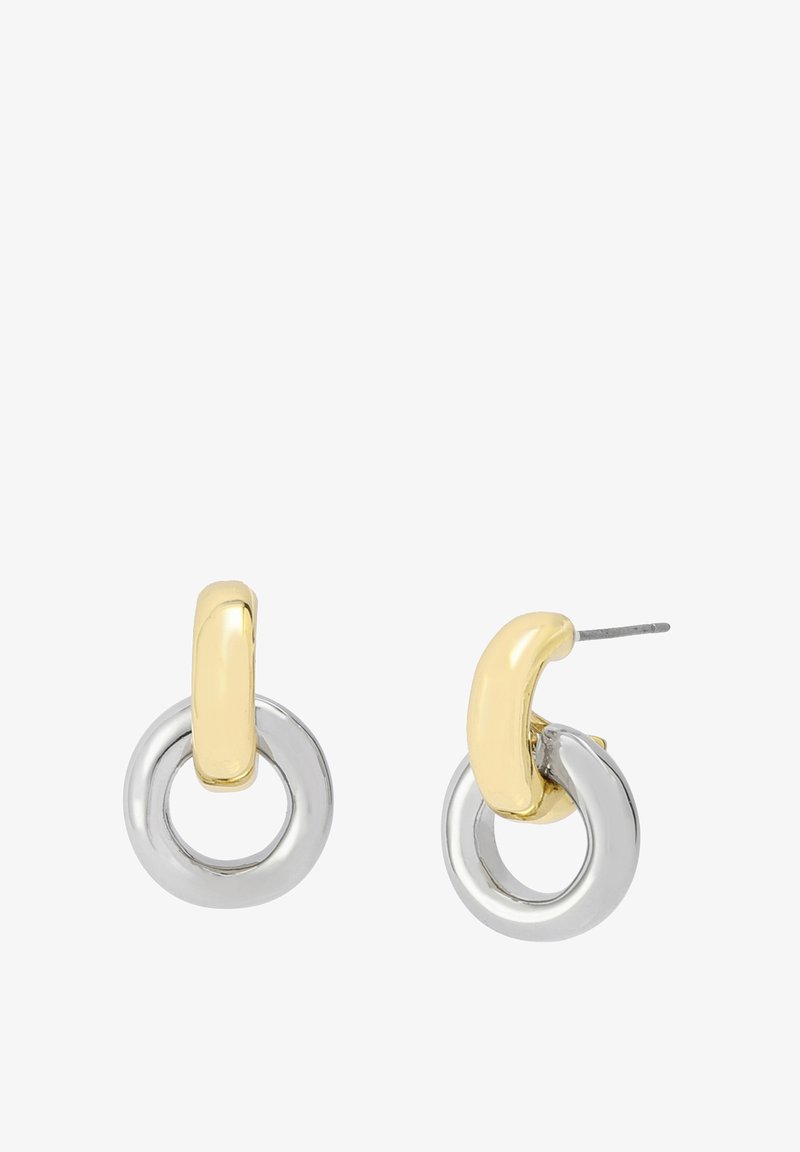 Gold and silver metal earrings featuring a circular design. The top has a gold accent, while the lower part is a polished silver ring.