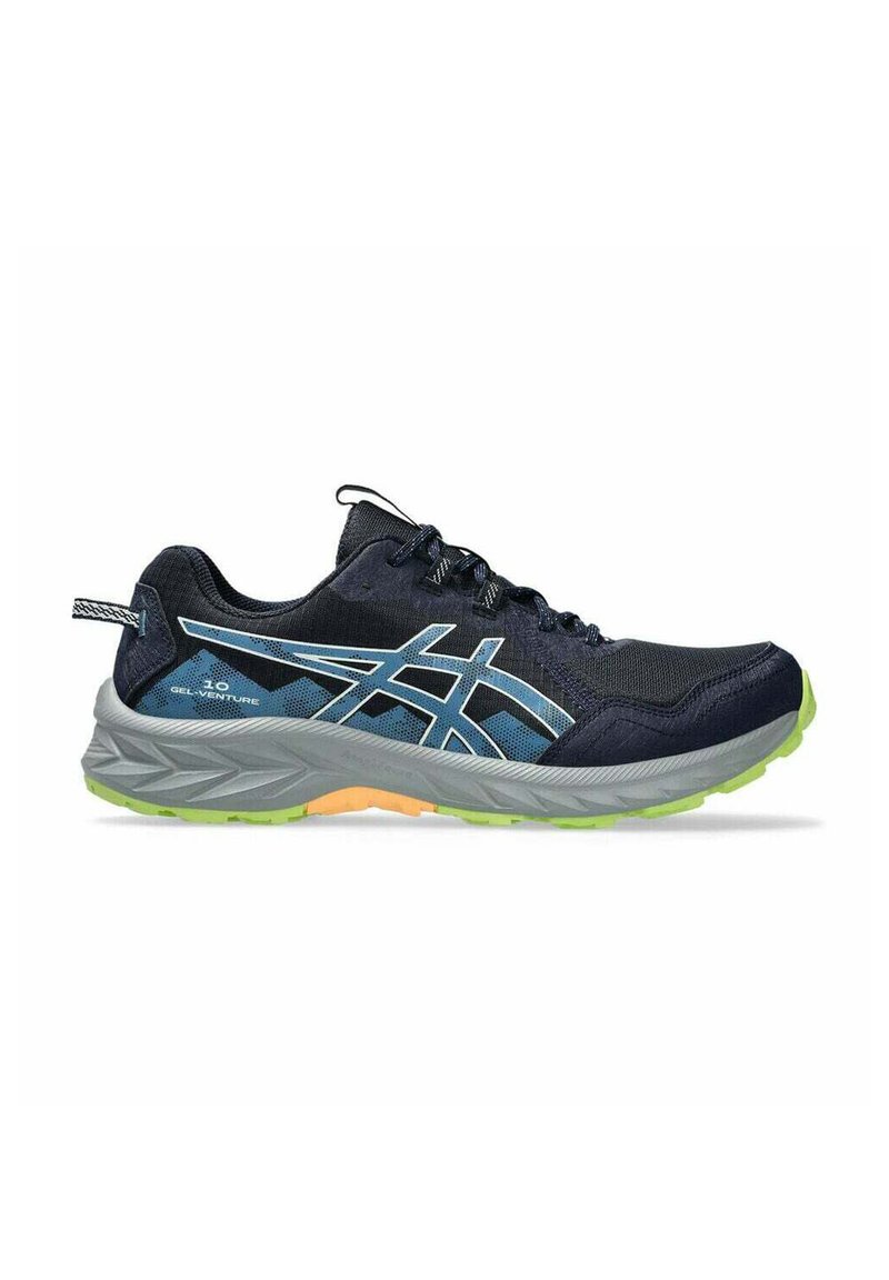 Herren Laufschuhe mit einem dunkelblauen Mesh-Obermaterial, hellblauen Akzenten, grauer Zwischensohle und grüner Gummi-Außensohle mit strukturierten Mustern.
