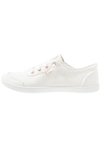 White canvas sneaker with a rounded toe, lace-up design, rose gold eyelets, and frayed accents at the heel and tongue. Rubber sole.