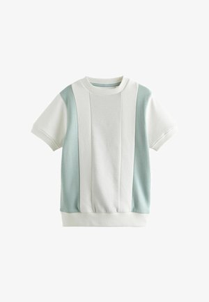 Kurzarm-Sweatshirt in hellgrün und weiß. Verfügt über einen gerippten Stoff, horizontale Einsätze und einen runden Halsausschnitt mit einem Bündchen am Saum.