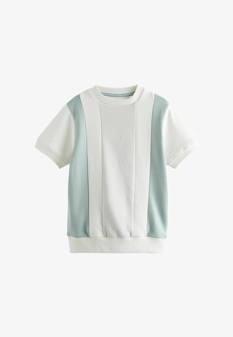 Kortærmet sweatshirt i lys grøn og hvid. Har ribbet tekstur, vandrette paneler og en rund halsudskæring med en afsluttet kant.