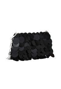 Borsa a mano nera con paillettes, caratterizzata da paillettes circolari sovrapposte, texture liscia, hardware in argento e forma strutturata.
