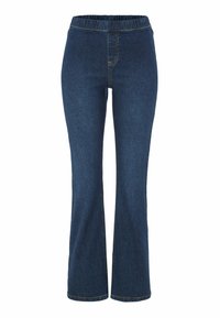 Farkkujangat leveällä lahkeella, joustavalla vyötäröllä, tummansinisessä värissä, hienovaraisella ompeluyksityiskohdalla ja sileällä tekstuurilla. Etutaskuja ei ole näkyvissä.