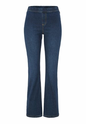 Denim flared pantalons met een elastische tailleband, donkerblauwe kleur, subtiele stikdetails en een gladde textuur. Geen zichtbare voorkruiszakken.