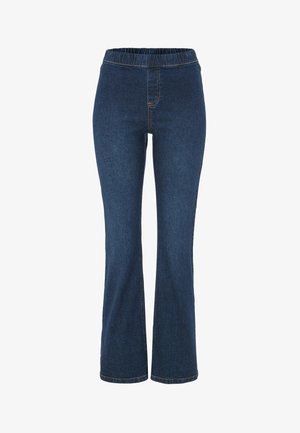 Jeans mit Schlag, elastischem Bund, in dunkelblauer Farbe, mit dezenten Nähdetails und glatter Textur. Keine sichtbaren vorderen Taschen.