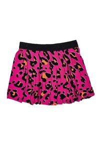 Gonna plissettata rosa con stampa a macchie leopardate nera e arancione e vita elastica nera con sottili dettagli testuali.