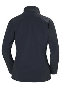 Ciemnoniebieska wodoodporna kurtka, lekkiego materiału, z wysokim kołnierzem, dopasowanym krojem, eleganckim designem i bezszwowymi szczegółami na ramionach.