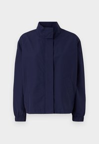 Navy blue lightweight jacket with a high collar, elastic cuffs, and side pockets. Smooth texture, simple design, and no visible fastenings.
