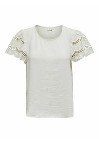 Witte blouse met korte mouwen en pofmouwen, met geborduurde kantdetails en een textuurstof. Ronde halslijn, casual pasvorm.
