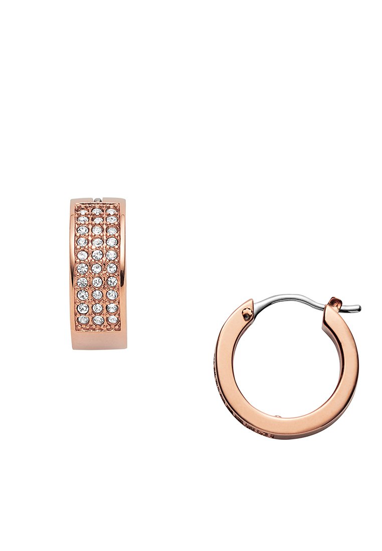 Roségoldene Creolen haben eine glatte Oberfläche mit einem strukturierten Stab, der mit mehreren klaren Kristallen verziert ist. Das Design ist einfach und anspruchsvoll.