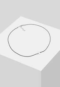 Black necklace with a smooth cable chain, featuring a silver geometric pendant and a clasp with adjustable chain for length.