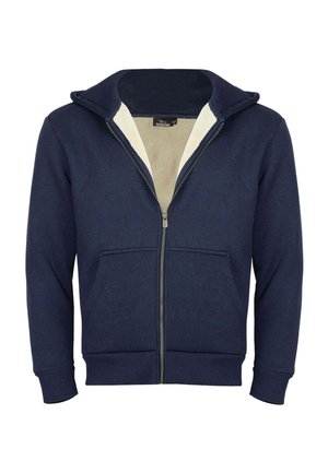 Felpa con zip di colore blu navy, dotata di una tasca frontale e di un rivestimento interno color crema. Presenta polsini e orlo a costine, realizzata in un morbido materiale misto cotone.