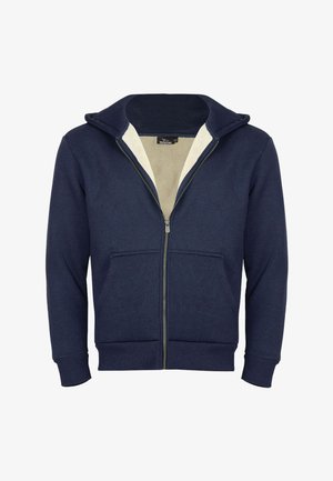 Felpa con zip di colore blu navy, dotata di una tasca frontale e di un rivestimento interno color crema. Presenta polsini e orlo a costine, realizzata in un morbido materiale misto cotone.