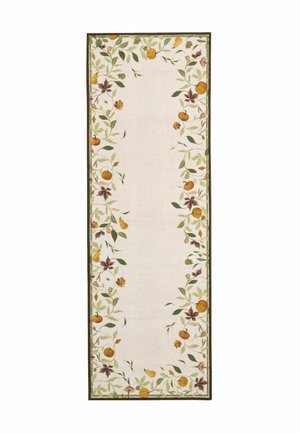 Rechteckiger cremefarbener Läufer mit grünem Rand und herbstlichem Design aus Blättern, Kürbissen, Birnen und Beeren entlang der Ränder.