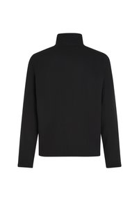 Sort langærmet pullover med høj krave, lavet af glat stof. Har et enkelt design uden synligt hardware eller mønstre.