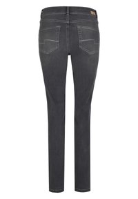 Dunkelgraue Jeans aus Denim im Slim-Fit mit zwei Gesäßtaschen, kontrastierenden Nähten und einer glatten Textur.