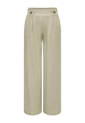 Wide-leg beige pants with a high waist, front pleats, and two buttons at the waistband against a white background.