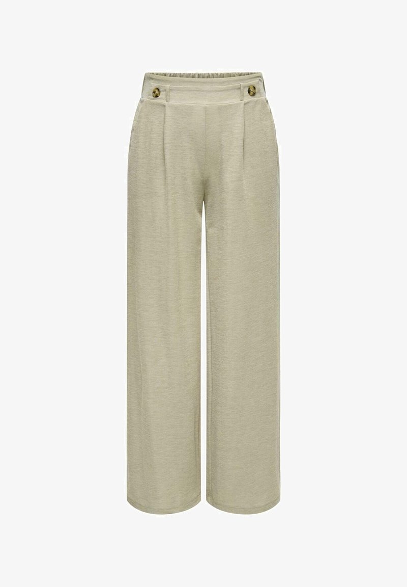 Pantalon beige à jambes larges, taille haute, plis devant et deux boutons à la taille sur fond blanc.