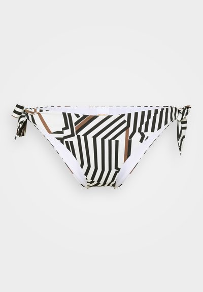 Bas de bikini avec un motif à rayures noir et blanc, accentué de lignes brunes, doté de liens réglables de chaque côté et d'une finition lisse.
