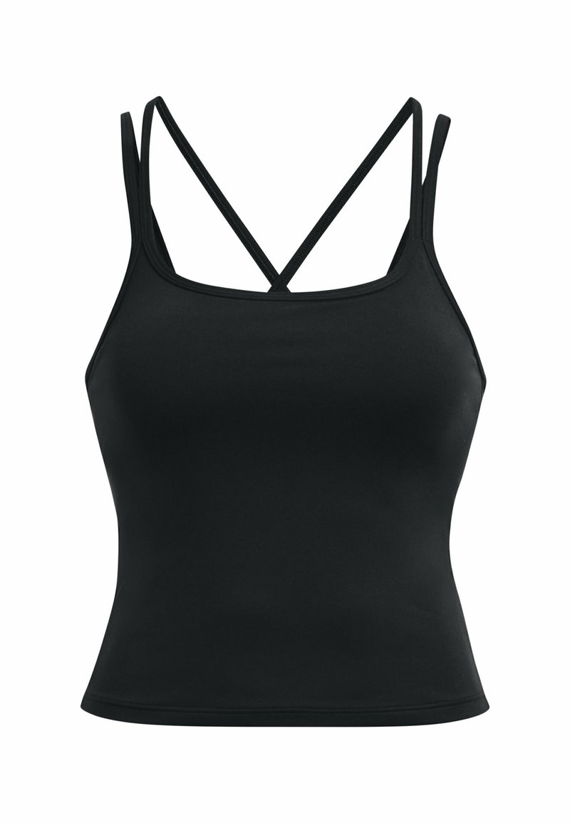 Schwarzes, tailliertes, ärmelloses Top mit dünnen doppelten Trägern und einem Kreuzdesign im oberen Rückenbereich.