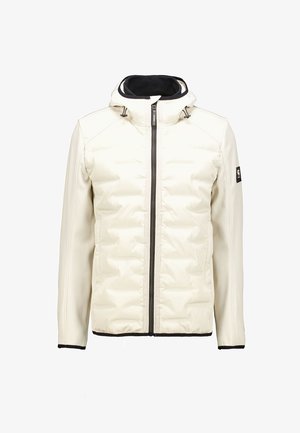 Chaqueta blanca acolchada con cremallera frontal, capucha ajustable, forro interior negro y contraste en negro en los puños y el dobladillo.