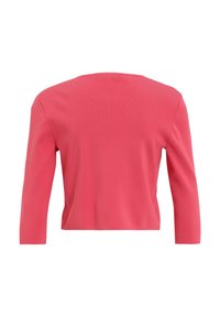 Korálová ribbed crop top s 3/4 rukávy a kulatým výstřihem. Hladký povrch, lehká tkanina, bezešvý design a žádný viditelný kovový prvek.