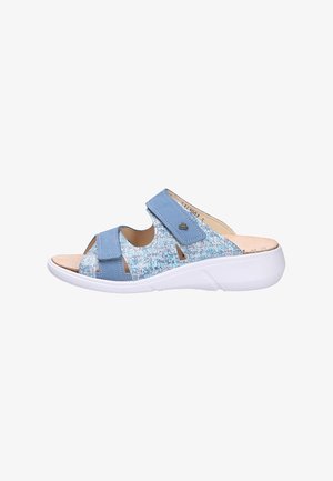 Open-toe blue and white patterned sandal with two adjustable straps and white cushioned sole, designed for comfort.