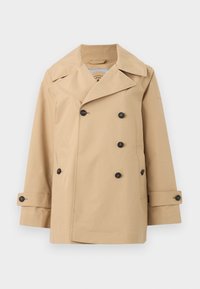 Beige dubbelknäppt trenchcoat med stor krage, knäppning framtill, två framfickor och justerbara ärmslut. Slät, vattenavvisande tyg.