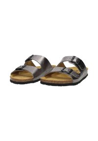 Metallic grey sandals with two adjustable straps, cork footbed, textured finish, flat sole, and black rubber outsole for traction.