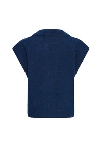 Pull-over en maille bleu marine avec un col large et replié ainsi que des manches courtes. La texture est douce, présentant un motif subtil et uniforme sur toute la surface.