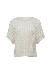 Jasno beżowy sweter z dzianiny o luźnym kroju, krótkich rękawach, teksturowanym ściągaczu i okrągłym dekolcie. Bez widocznych akcesoriów czy wzorów.