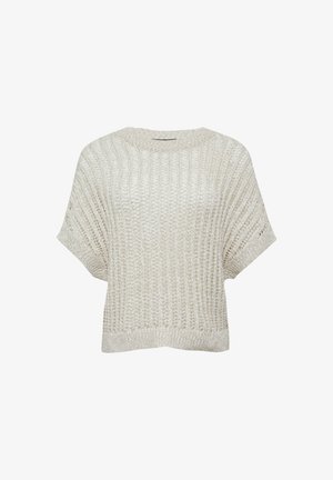 Jasno beżowy sweter z dzianiny o luźnym kroju, krótkich rękawach, teksturowanym ściągaczu i okrągłym dekolcie. Bez widocznych akcesoriów czy wzorów.