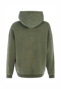 Olijfgroene hoodie met een zachte, gestructureerde stof, met een relaxte pasvorm, geribbelde manchet en zoom. De achterkant heeft geen prints of versieringen.