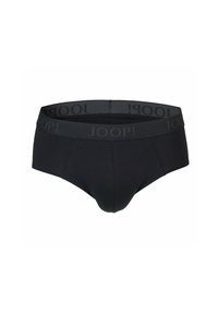 Calzoncillos tipo slip para hombre en color negro, confeccionados con tela suave. Presentan una cintura ancha y elástica con logo en relieve, textura lisa y diseño clásico.