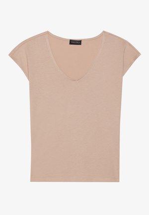 T-shirt beige a V con maniche corte, realizzato in un tessuto morbido. Texture liscia, design semplice e rifinito con bordi puliti.