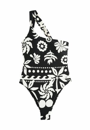 Costume da bagno nero monospalla con motivi floreali e fogliari bianchi; texture liscia; presenta una tracolla annodata; design con scollatura alta sulla gamba.