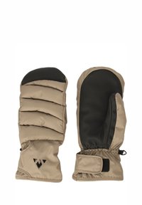 Beige isolerede vanter med sorte håndflader, kviltet design, elastiske manchetter og en Velcro-rem for justerbar pasform. Logo på håndledsområdet.