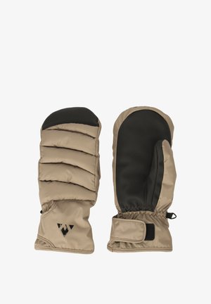 Beige geïsoleerde wanten met zwarte handpalmen, een geborduurd ontwerp, elastische manchetten en een klittenband voor een verstelbare pasvorm. Logo op het polsgebied.