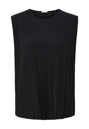 Sort ærmeløs top med lodrette plisseringer og rund halsudskæring på hvid baggrund.