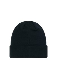 Knitted black beanie hat with a turn-up cuff. Made from soft fabric, featuring a seamless crown and ribbed texture for warmth.
