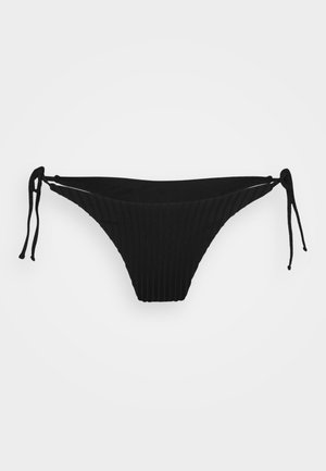 Black ribbed bikini bottom with side tie closures. Features a smooth texture and minimal coverage design.