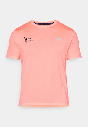 Lightweight, short-sleeve running shirt in bright pink, featuring a textured finish, New Balance logo, and "TCS New York City Marathon 2025" print.