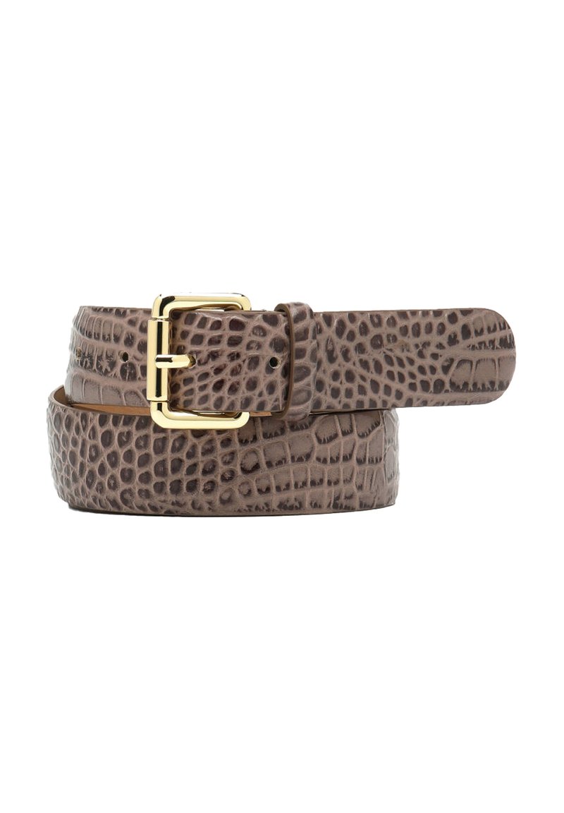 Ceinture en cuir marron à motif crocodile avec une boucle en métal doré, présentant une texture lisse et une forme rectangulaire classique.
