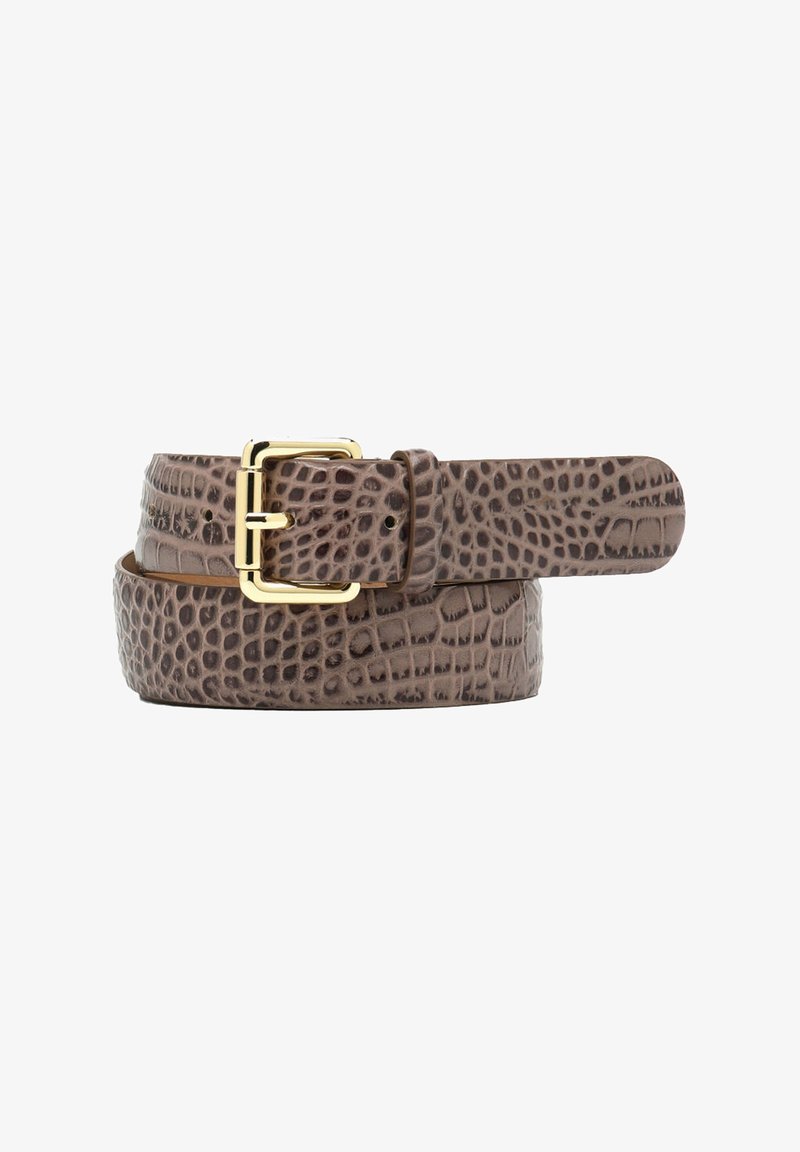 Ceinture en cuir marron à motif crocodile avec une boucle en métal doré, présentant une texture lisse et une forme rectangulaire classique.