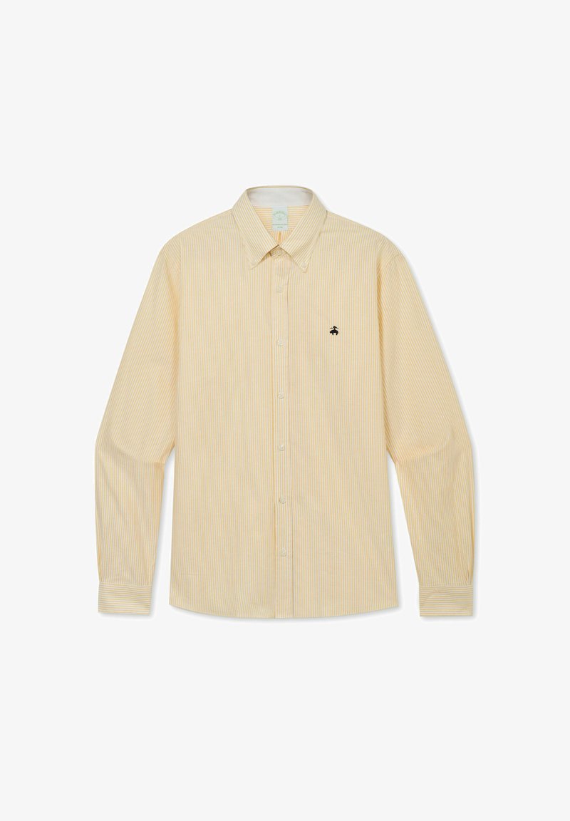 Beige overhemd met lange mouwen en dunne verticale strepen, met knoopsluiting aan de voorkant, puntige kraag en klein zwart logo op de linkerborst.