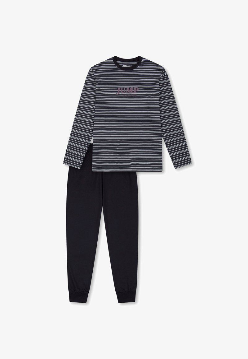 Langärmliges Oberteil mit schwarz-weißen Streifen und dem Text "JUMP", kombiniert mit einfarbigen schwarzen Jogginghosen. Weicher Stoff, lockere Passform, elastische Bündchen.